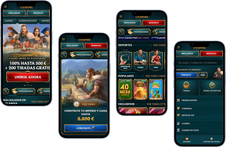 MyEmpire Casino versión móvil con bono, juegos, deportes y menú